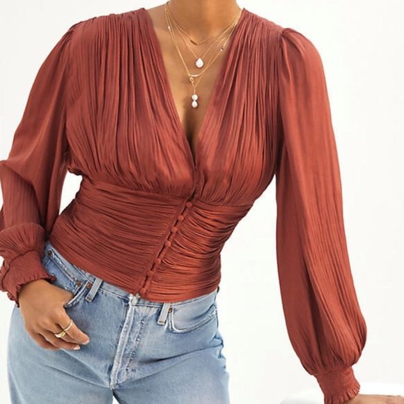 Current Air Tops - Current Air Anthropologie Small Cinnamon Brown Micro-Pleated Plunge Neckline B…